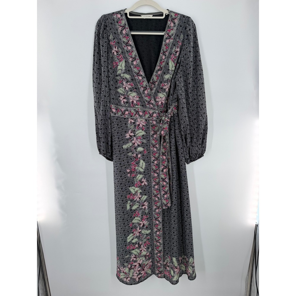 Max Studio London Black Floral Wrap Maxi Dress Long Sleeve Pink 3910D65